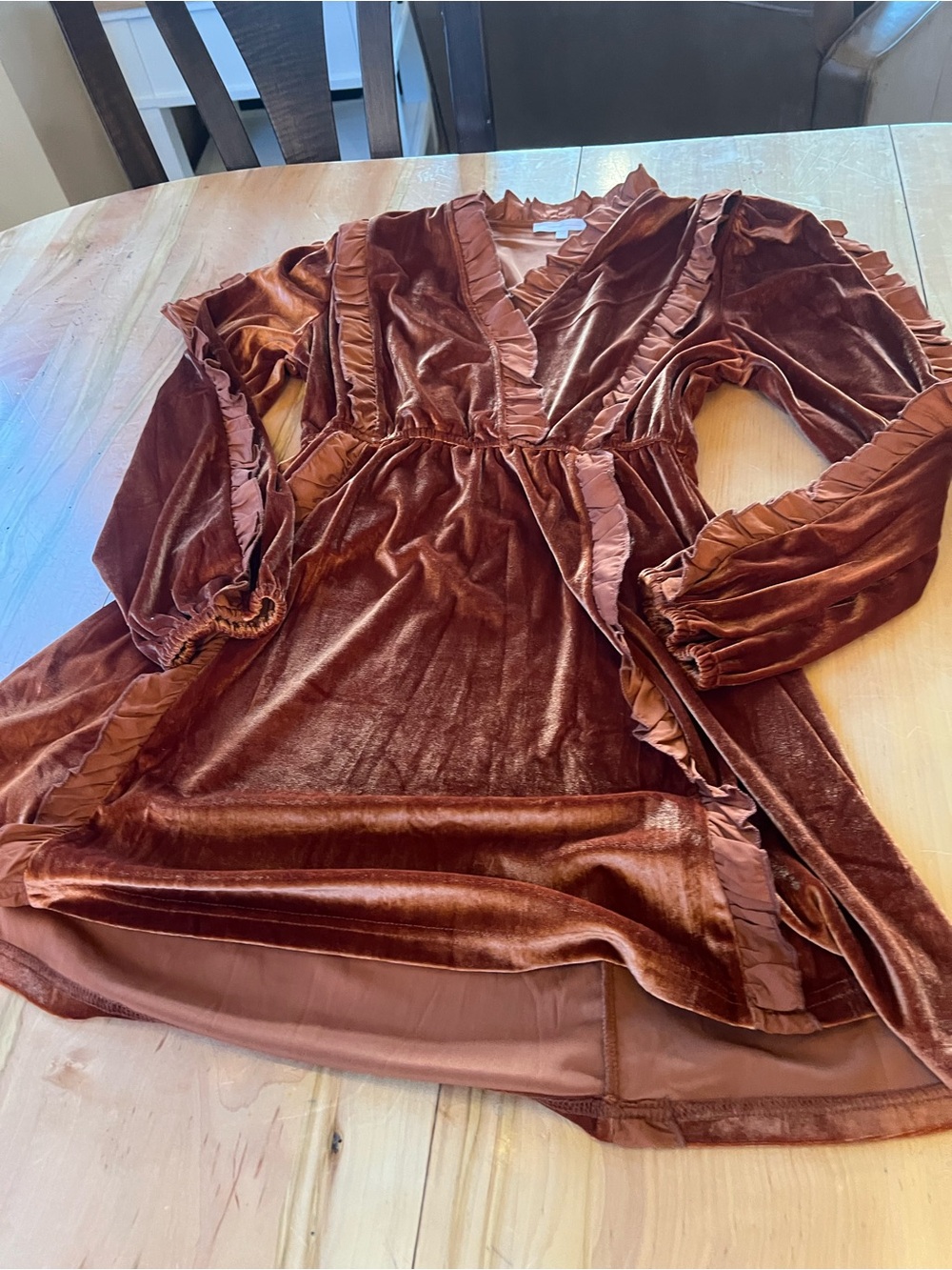 Ces Femme Velvet Ruffle Long Sleeve Dress - Rust